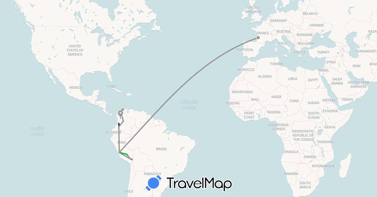 TravelMap itinerary: driving, bus, plane, hiking in Colombia, France, Peru (Europe, South America)